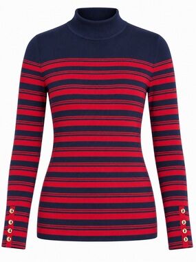 Splash Striped Mock Neck Sweater Navy Red Gold Buttons US 12